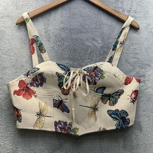 Coquette Corset Top Womens XL White Butterfly Tapestry Lace Up Bustier Boho Farm